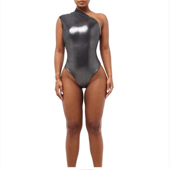 NWOT Cou Coo Metallic Silver One PIece Shoulder Bodysuit XS - Picture 1 of 8
